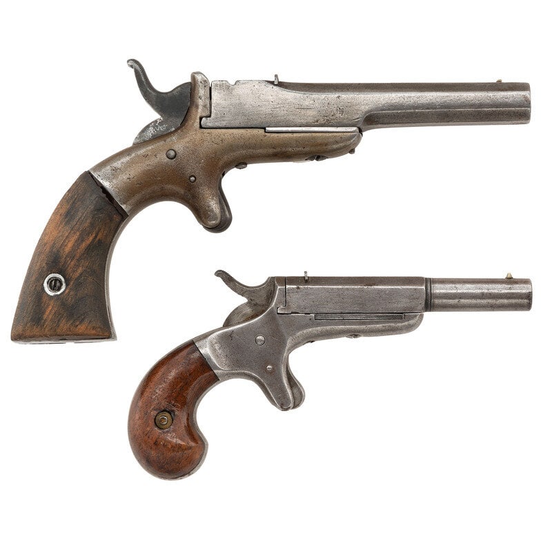 Pair of Ethan Allen Patent Derringers: Pair of Ethan Allen Patent Derringers 1.) .41 Rimfire. 4" barrel length. SN: 183. Buffed finish overall mounting walnut square butt grips with sights consisting of German Silver front bead and rear no