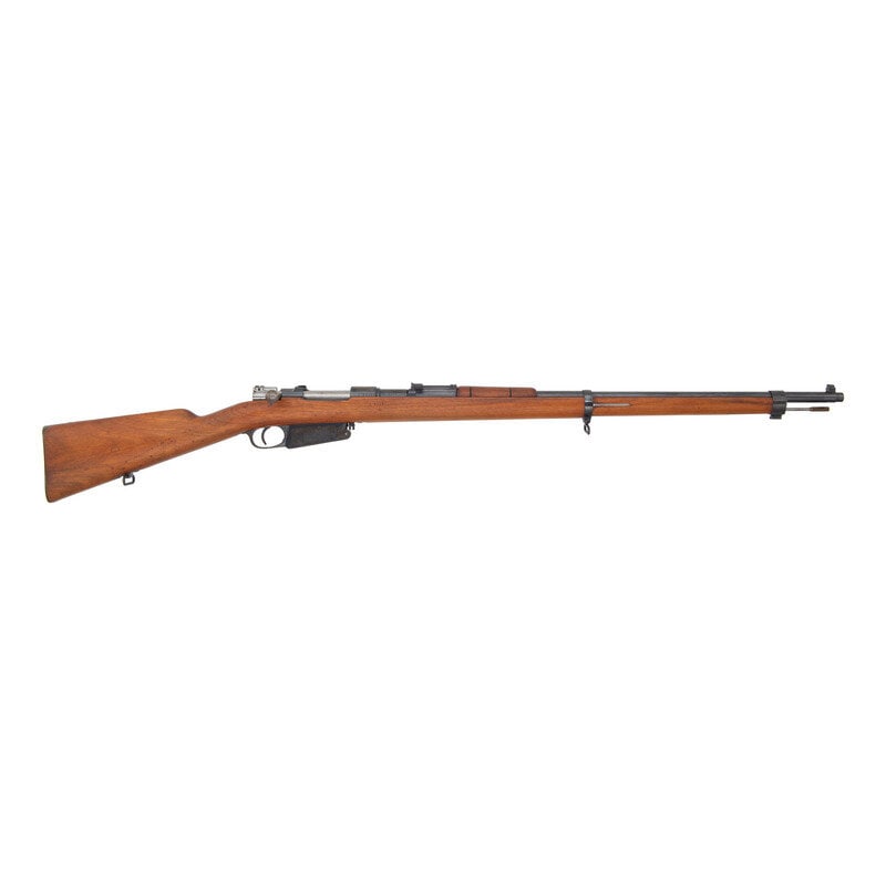 Antique Argentine Mauser Model 1891 Rifle: Antique Argentine Mauser Model 1891 Rifle World War I 7.65x53mm. 29" barrel length. SN: L6516. Blued metal finish with polished bolt set in walnut straight wrist stock with adjustable ladder rear notc