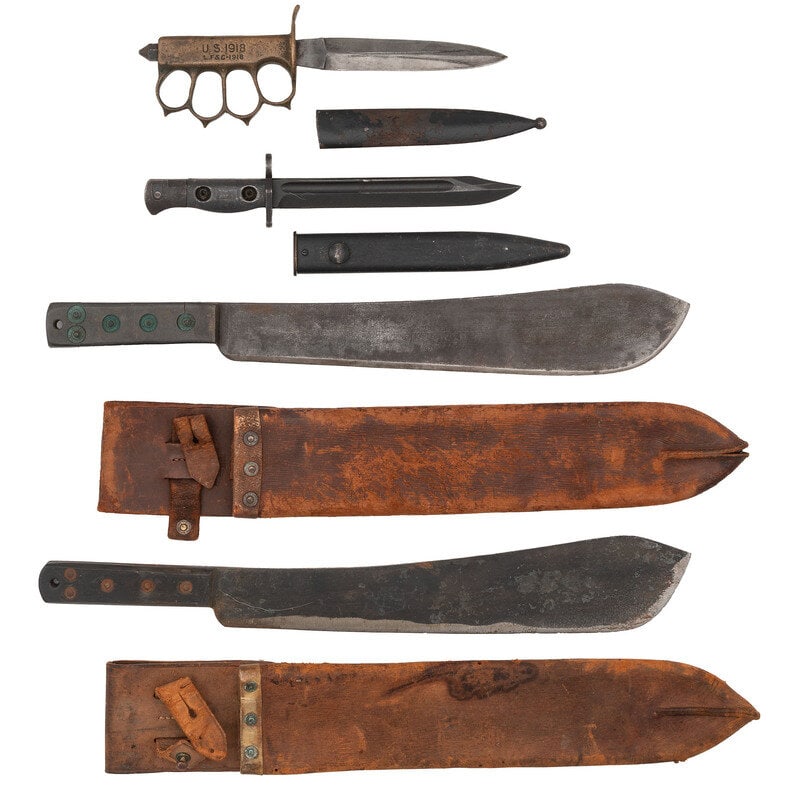 Lot of 20th Century Military Edged Weapons Including: Composite L.F. & C. Trench Knife, British L1A3: Lot of 20th Century Military Edged Weapons Including: Composite L.F. & C. Trench Knife, British L1A3 Bayonet, British Machetes Model 1918 Trench Knife features cast knuckleduster grip struck with