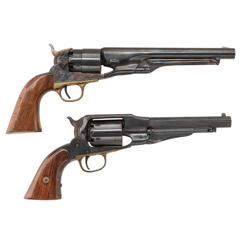 Two Reproduction Percussion Revolvers - Colt 1860 Army & Remington Army: Two Reproduction Percussion Revolvers - Colt 1860 Army & Remington Army 1.) .44 Cal. 8" barrel length. SN: 253. Blued metal finish with brass forward gripstrap, case colored frame, loading lever, 