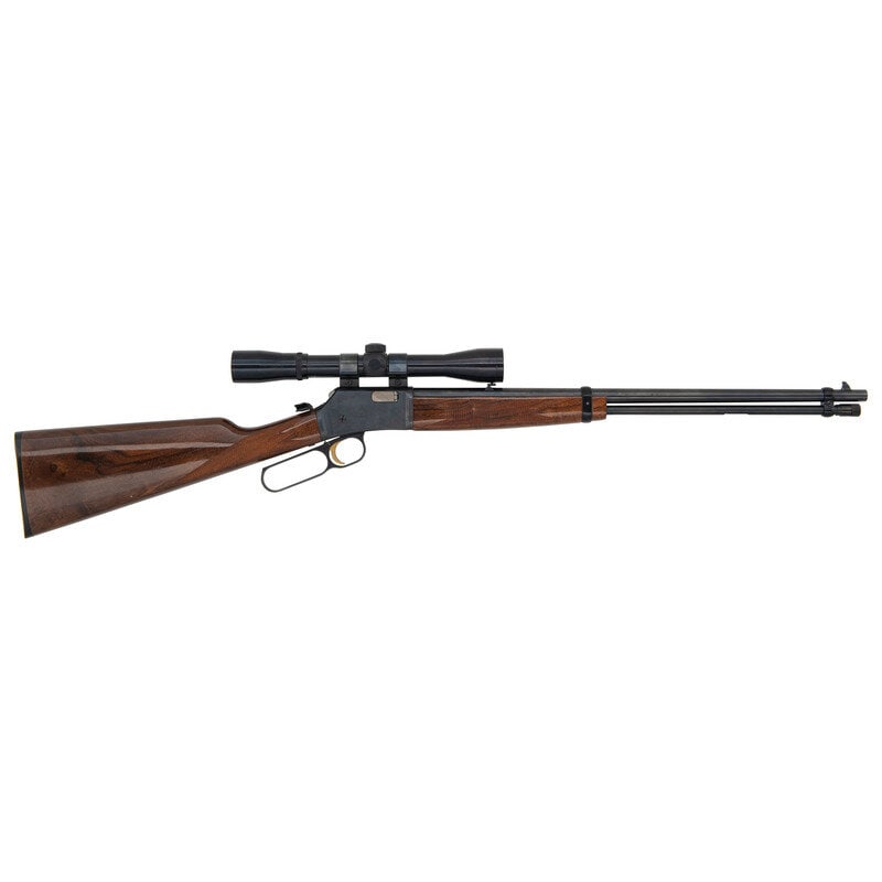 *Browning BL-22 with Scope: *Browning BL-22 with Scope .22 S, L, LR. 20" barrel length. SN: 05101RP226. Blued metal finish with polished bolt, gold trigger, and mounting polished walnut straight wrist stock with engraved embelli