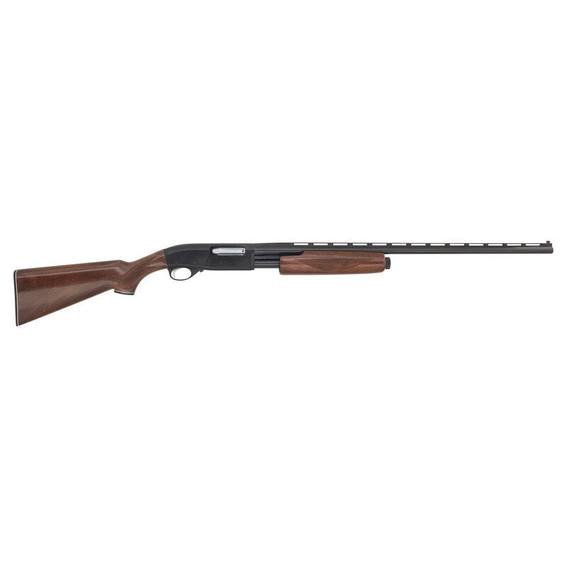 *SKB M-7300: *SKB M-7300 20 gauge. 27.5" barrel length. Modified choke. SN: S3500148. Blued metal finish. Walnut stock has checkering to semi pistol grip and beavertail forearm. Slide action shotgun with a low ven