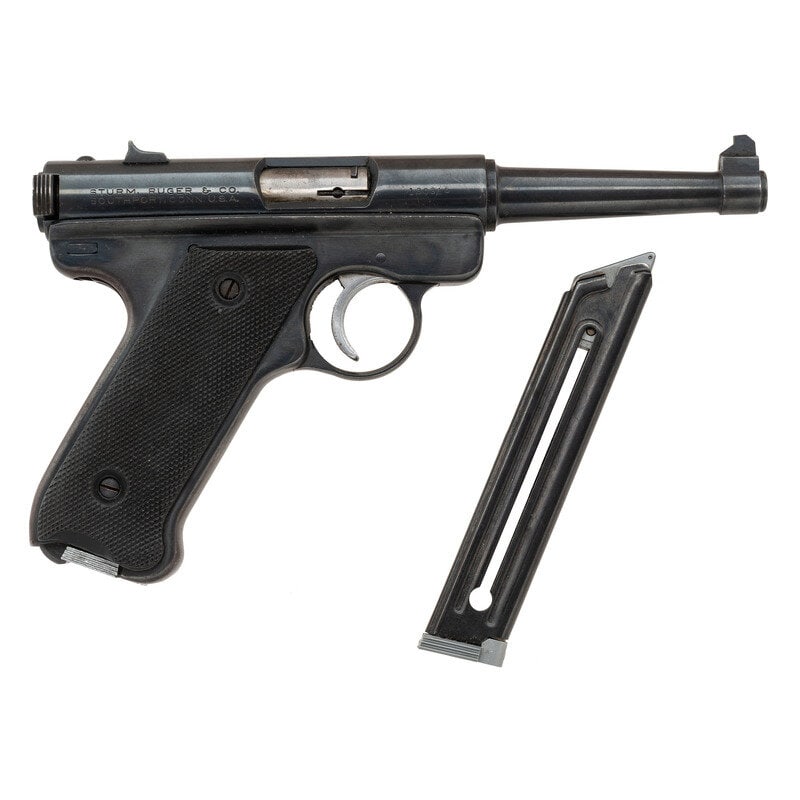 *Ruger "Black Eagle" .22 Pistol: *Ruger "Black Eagle" .22 Pistol .22 LR. 4.75" barrel length. SN: 130316. Blued metal finish with polished trigger and bolt mounting checkered black synthetic grips and fixed rear notch with pinned Pat