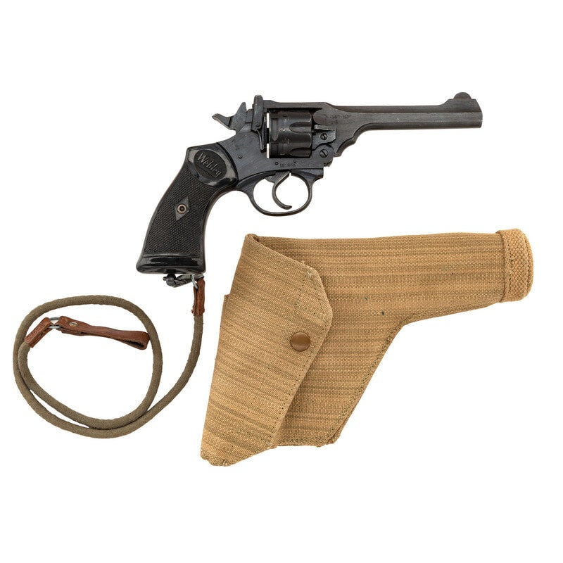 **Webley Mark IV with Holster: **Webley Mark IV with Holster .38/200. 5" barrel length. SN: 110245. Blued metal finish roughly machined overall and mounting checkered black synthetic Webley logo grips. Double action six-shot top br