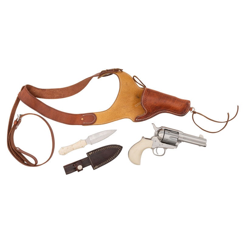 *Cimarron Thunderer Single Action Doc Holiday Revolver with Shoulder Holster and Knife: *Cimarron Thunderer Single Action Doc Holiday Revolver with Shoulder Holster and Knife .45 Long Colt. 3.5" barrel length. SN: N14863. Brushed stainless steel finish overall mounting synthetic ivory co