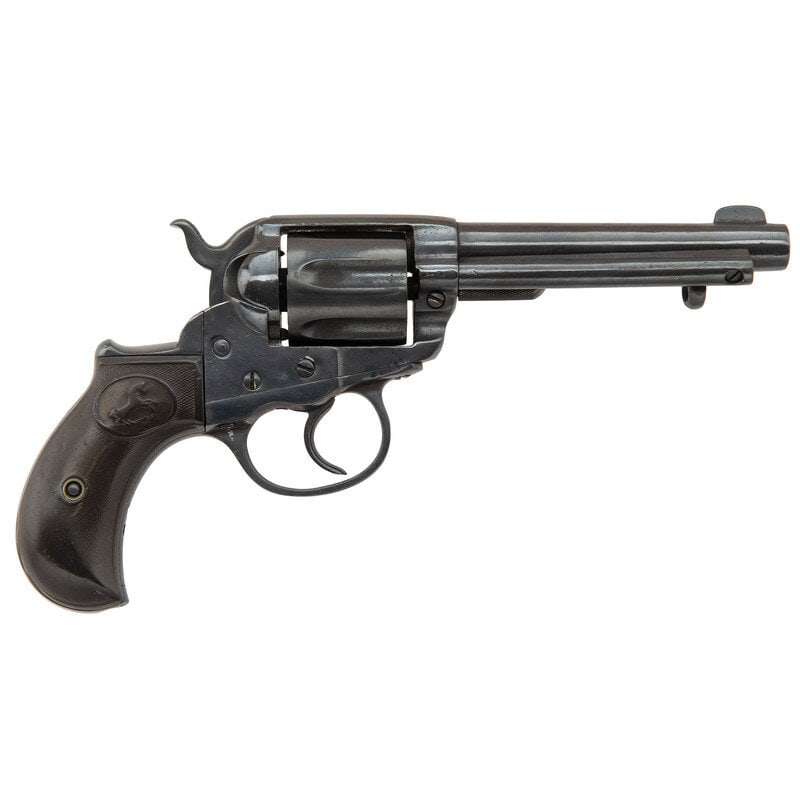 **Colt Model 1877 Lightning .38: **Colt Model 1877 Lightning .38 .38 Long Colt. 4.5" barrel length. SN: 135928. Blued metal refinish overall with long knurled cylinder pin and mounting checkered hardrubber rampant colt logo grips. Do