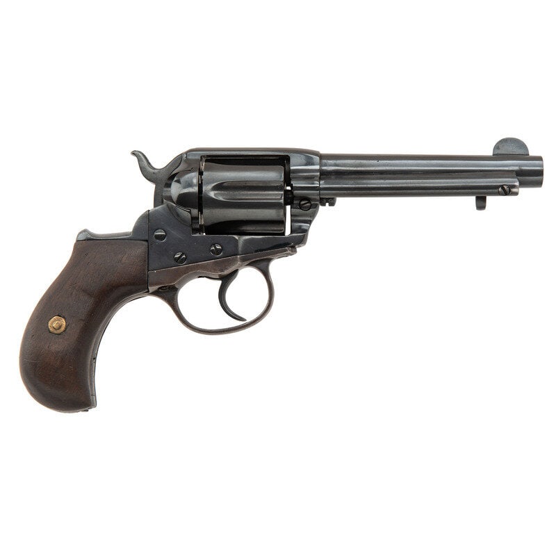 **Colt Model 1877 Lightning .38: **Colt Model 1877 Lightning .38 .38 Long Colt. 4.5" barrel length. SN: 154672. Blued metal refinish overall mounting replaced smooth walnut grips and standard half moon front blade and topstrap rear n