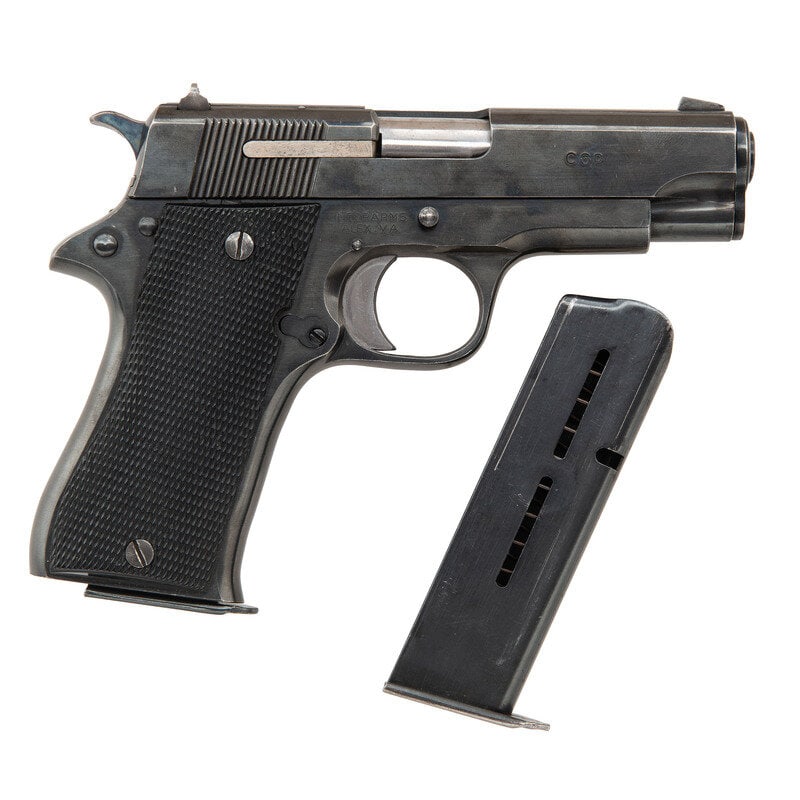 *Police Marked Star Model BM: *Police Marked Star Model BM 9mm Para. 3.9" barrel length. SN: 1438397. Blued metal finish with case colored hammer, polished chamber and trigger, and mounting checkered black synthetic grips. Short r