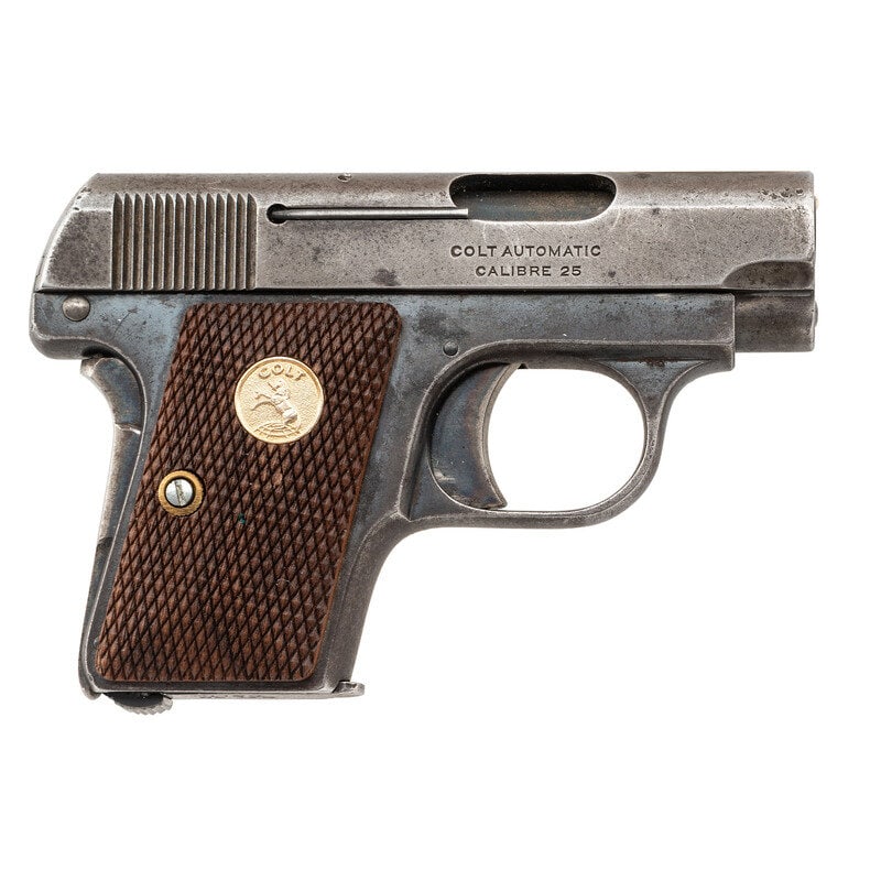 **Colt Model 1908 Vest Pocket .25: **Colt Model 1908 Vest Pocket .25 .25 ACP. 2.25" barrel length. SN: 271488. (Mfg ca 1920) Blued metal finish with case colored trigger and grip safety mounting checkered walnut Colt medallion grip pan