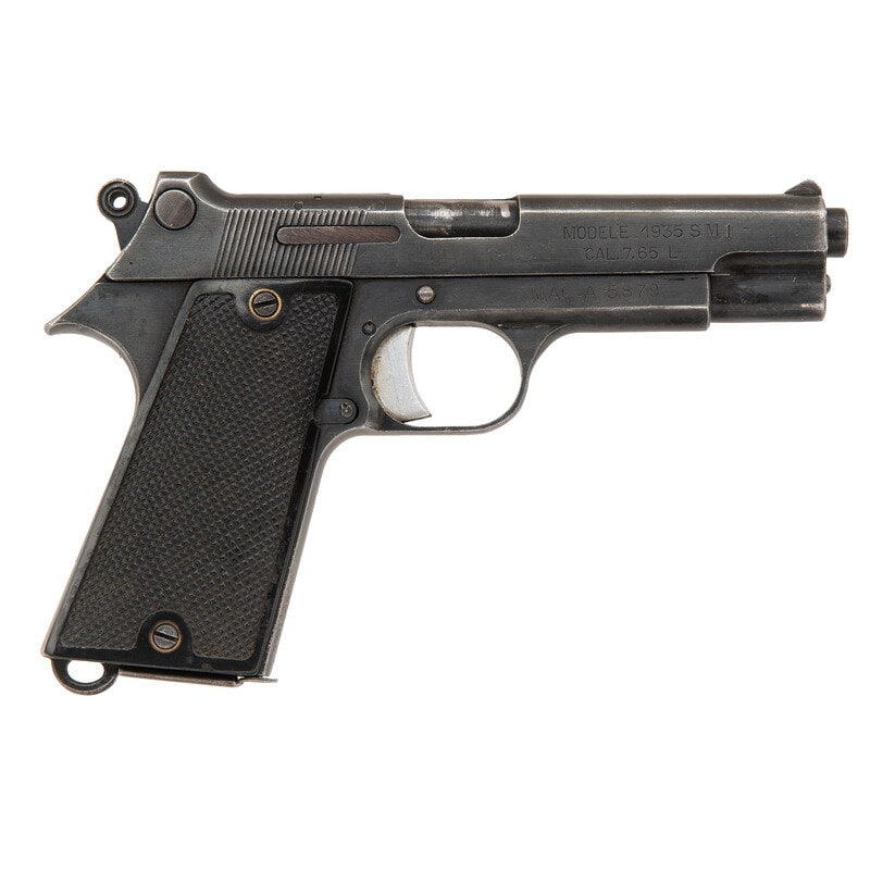 **MAC Modele 1935S M1: **MAC Modele 1935S M1 7.65 Longue. 4.29" barrel length. SN: A5879. Blued metal finish with polished barrel mounting checkered black walnut grips. Short recoil operated single action autoloading pistol