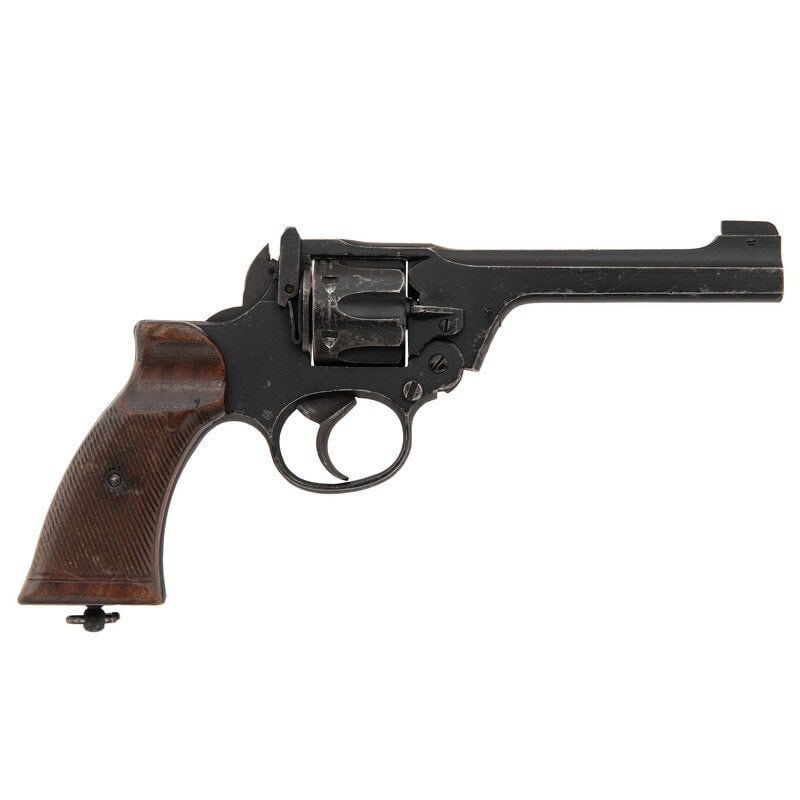 **Enfield No 2 Mk I**: **Enfield No 2 Mk I** World War II .30/200. 5" barrel length. SN: ZD1968. Black Suncorite finish overall mounting serrated walnut grips with pinned front blade and latch rear notch sights. DAO six-sho