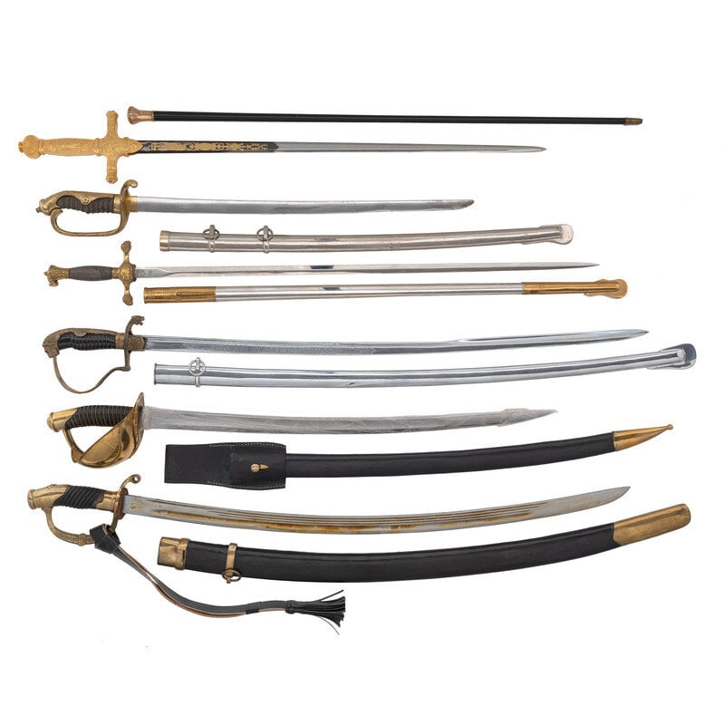 Lot of Six Assorted Reproduction or Contemporary Presentation Swords with One Cane (1 of 2)
