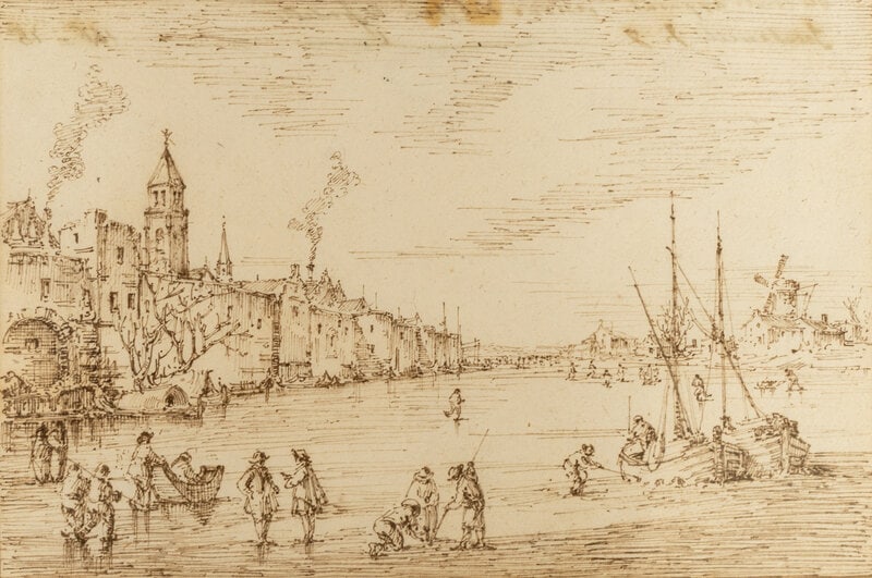 Attributed to Hendrick Avercamp (Dutch, 1585-1634) Ice Skaters on a Frozen River: Attributed to Hendrick Avercamp (Dutch, 1585-1634) Ice Skaters on a Frozen River pen and brown ink on paper inscribed (on verso) sight: 6 3/4 x 9 7/8 inches. This lot is located in Palm Beac