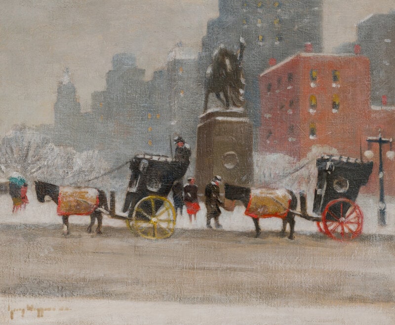 Guy Carleton Wiggins (American, 1883-1962) Winter, Central Park South, N.Y.: Guy Carleton Wiggins (American, 1883-1962) Winter, Central Park South, N.Y. oil on canvas signed Guy Wiggins NA. (lower left) 20 1/8 x 24 1/4 inches. This lot is located in Chicago.