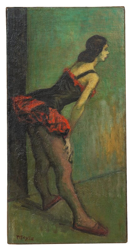 Moses Soyer (American, 1899-1974) Red Ballerina: Moses Soyer (American, 1899-1974) Red Ballerina oil on canvas signed MSoyer (lower left) 20 x 10 inches. This lot is located in Palm Beach. Size 20 x 10 i