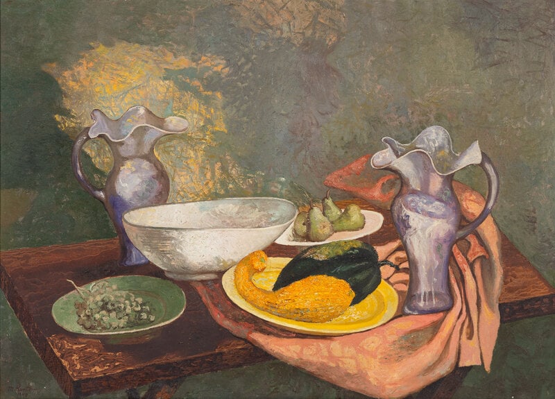 Morris Kantor (American, 1896-1974) Still Life with Grapes, Pears and Gourds, 1940: Morris Kantor (American, 1896-1974) Still Life with Grapes, Pears and Gourds, 1940 oil on canvas signed M. Kantor and dated (lower left) 36 1/4 x 50 inches. This lot is located in Ch