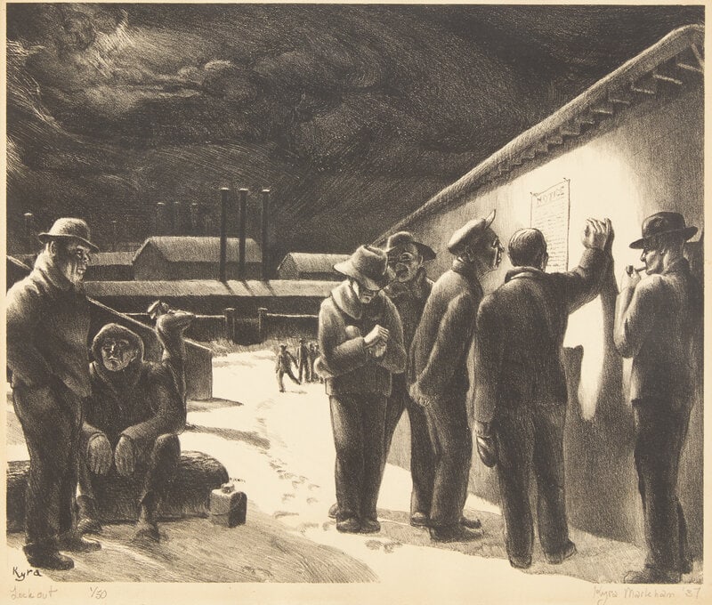 Kyra Markham (American, 1891-1967) Lockout, 1937: Kyra Markham (American, 1891-1967) Lockout, 1937 lithograph Edition of 50; signed, titled, and editioned in pencil (along the lower edge) 10 x 12 1/8 inches. This lot is located in Philadel