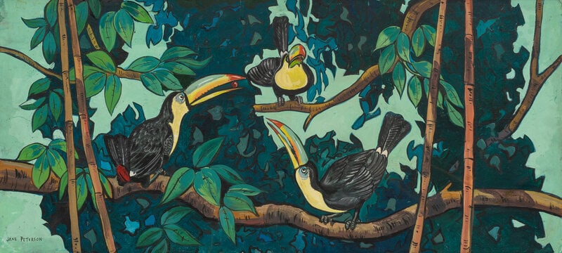 Jane Peterson (American, (1876-1965) Toucans on a Branch: Jane Peterson (American, (1876-1965) Toucans on a Branch oil on masonite signed JANE PETERSON (lower left) 22 x 48 inches. This lot is located in Palm Beach.