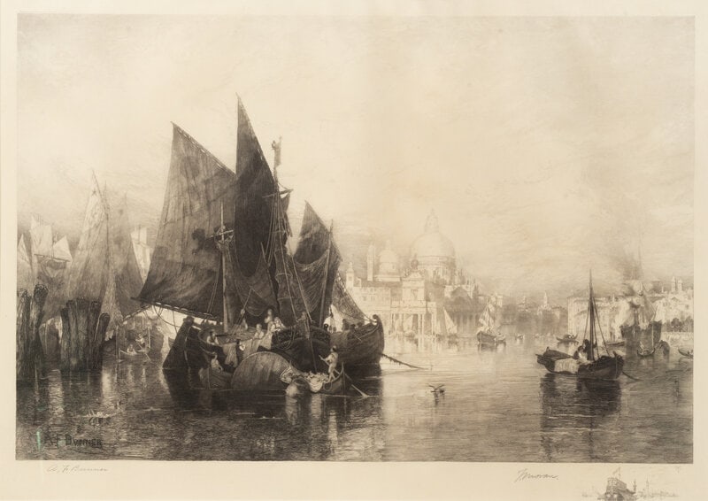 Thomas Moran (American, 1837-1926) Venice, after Andrew F. Bunner: Thomas Moran (American, 1837-1926) Venice, after Andrew F. Bunner etching and roulette signed in pencil A.F Bunner (lower left) and Moran (lower right) 22 3/8 x 31 3/8 inches.
