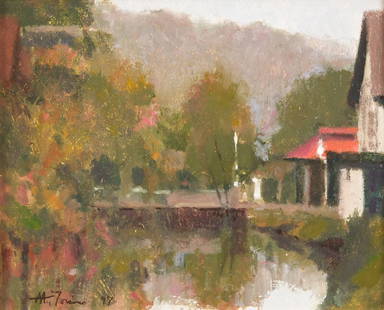 Anthony Michael Autorino (American, 1937-2015) Lambertville Canal, 1997: Anthony Michael Autorino (American, 1937-2015) Lambertville Canal, 1997 oil on panel signed AM Autorino and dated (lower left); inscribed with title, artist's name, and date (on the reverse)