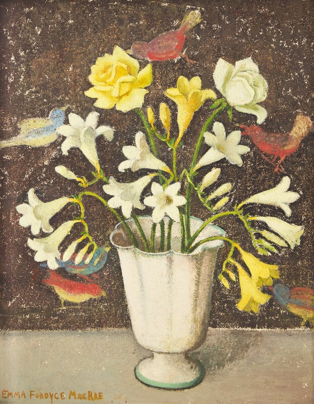 Emma Fordyce MacRae (American, 1887-1974) Freesia and Roses: Emma Fordyce MacRae (American, 1887-1974) Freesia and Roses oil on board signed Emma Fordyce MacRae (lower left) 20 x 16 inches. This lot is located in Philadelphia.