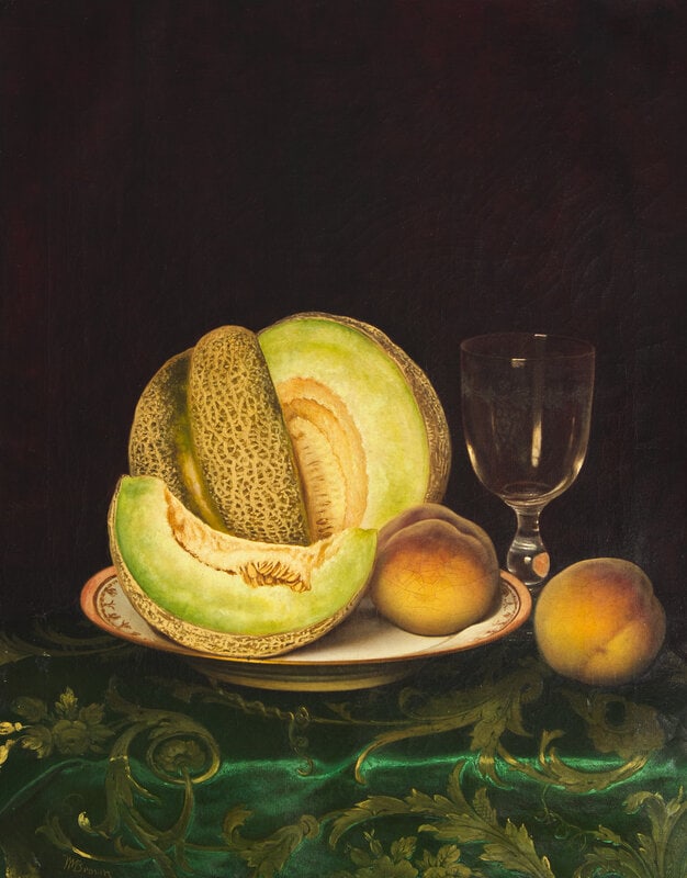 William Mason Brown (American, 1828-1898) Still Life with Cantaloupe: William Mason Brown (American, 1828-1898) Still Life with Cantaloupe oil on canvas signed WMBrown (lower left) 20 x 16 inches. This lot is located in Philadelphia. <