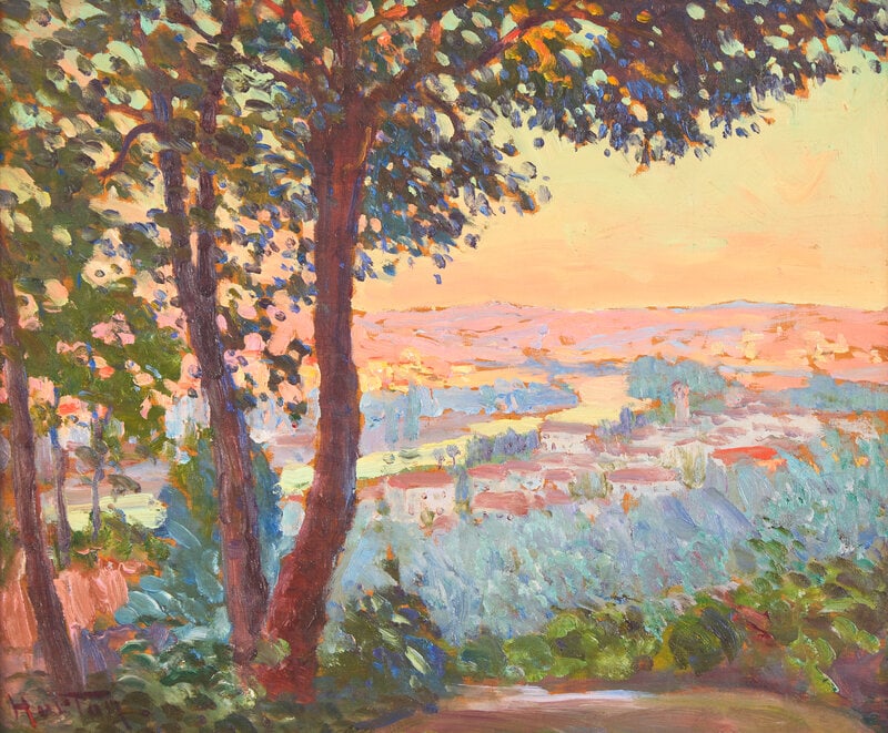 William Samuel Horton (American, 1865-1936) Paysage au Crépuscule: William Samuel Horton (American, 1865-1936) Paysage au Crépuscule oil on panel signed Horton (lower left) 14 1/2 x 17 1/2 inches. This lot is located in Philadelphia.