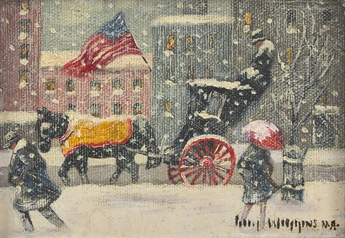Style of Guy Carleton Wiggins (American, 1883-1962) Snow Storm at the Plaza, New York: Style of Guy Carleton Wiggins (American, 1883-1962) Snow Storm at the Plaza, New York oil on canvasboard bearing the inscription Guy Wiggins NA (lower right); also titled on label (on the reverse) <