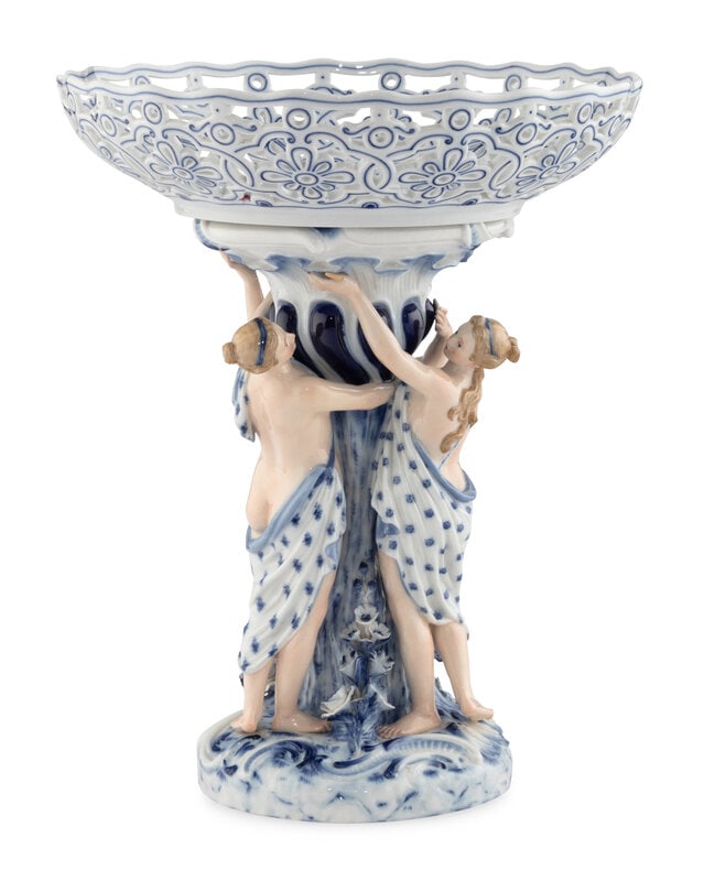 A Meissen Porcelain Centerpiece Basket: A Meissen Porcelain Centerpiece Basket 19th Century and Later with underglaze blue crossed swords mark to underside Height 12 x diameter 9 5/8 inches. This lot is located in C