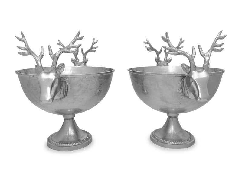 Three Stag-Theme Cast Metal Bottle Coolers: Three Stag-Theme Cast Metal Bottle Coolers 20th Century comprising a pair of tabletop buckets on pedestal bases and a freestanding bucket on antler-form base. Height of largest 43 1/2 x width 24 x dep