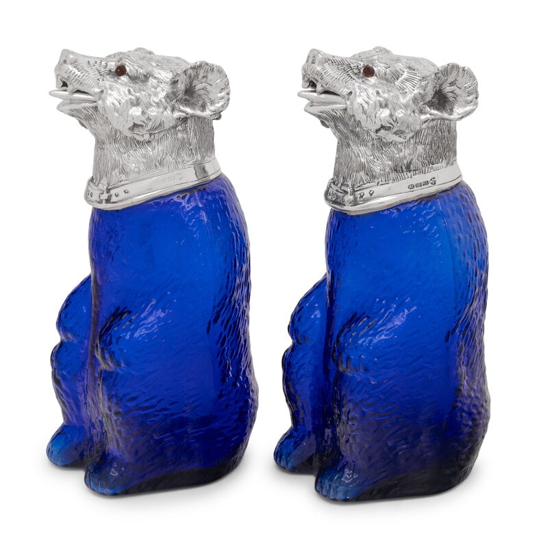 A Pair of Silver-Plate and Colored Glass Bear Decanters (1 of 4)