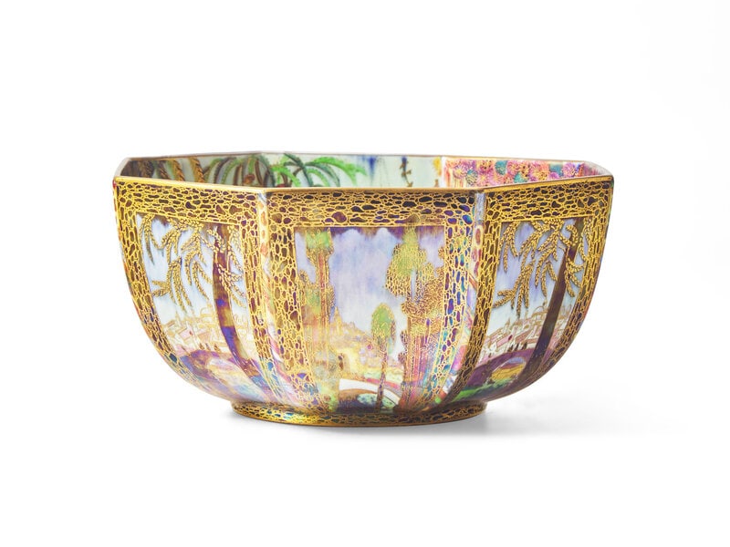 A Wedgwood Fairyland Lustreware 'Castle on a Road' Octagonal Bowl: A Wedgwood Fairyland Lustreware 'Castle on a Road' Octagonal Bowl Daisy Makeig-Jones, Early 20th Century the interior with 'Fairy in a Cage' decoration. underside with printed Wedgwood Portland Vas