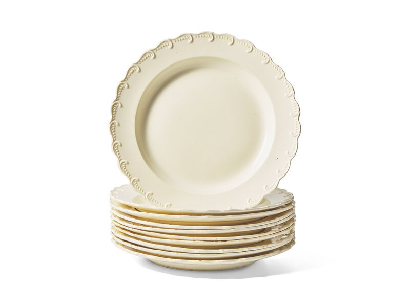 A Set of Ten Scalloped Creamware Dinner Plates: A Set of Ten Scalloped Creamware Dinner Plates Attributed to Wedgwood, England, Late 18th Century not impressed with "Wedgwood" mark, but two impressed with 'A' to underside. Diameter 9 3/4 in