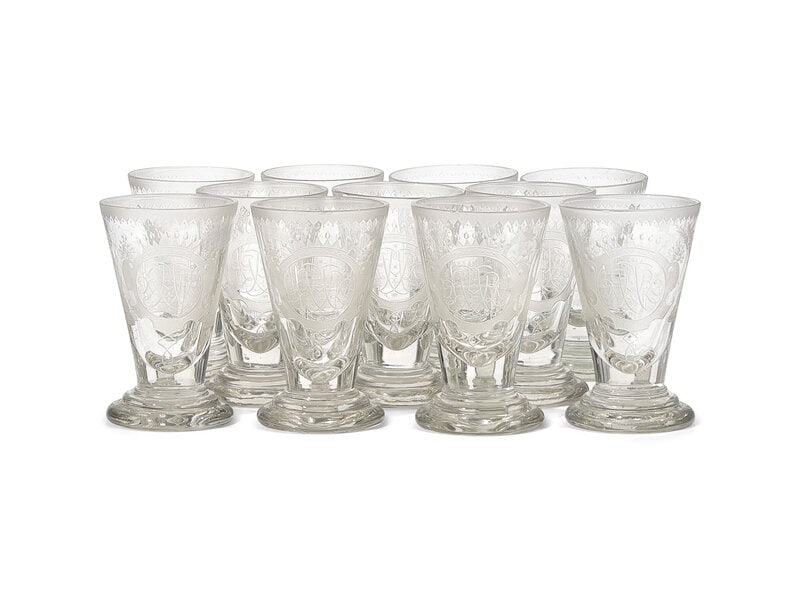 A Set of Eleven Louis XVI Style Blown and Etched Drinking Glasses Bearing The Monogram of Marie Anto (1 of 2)