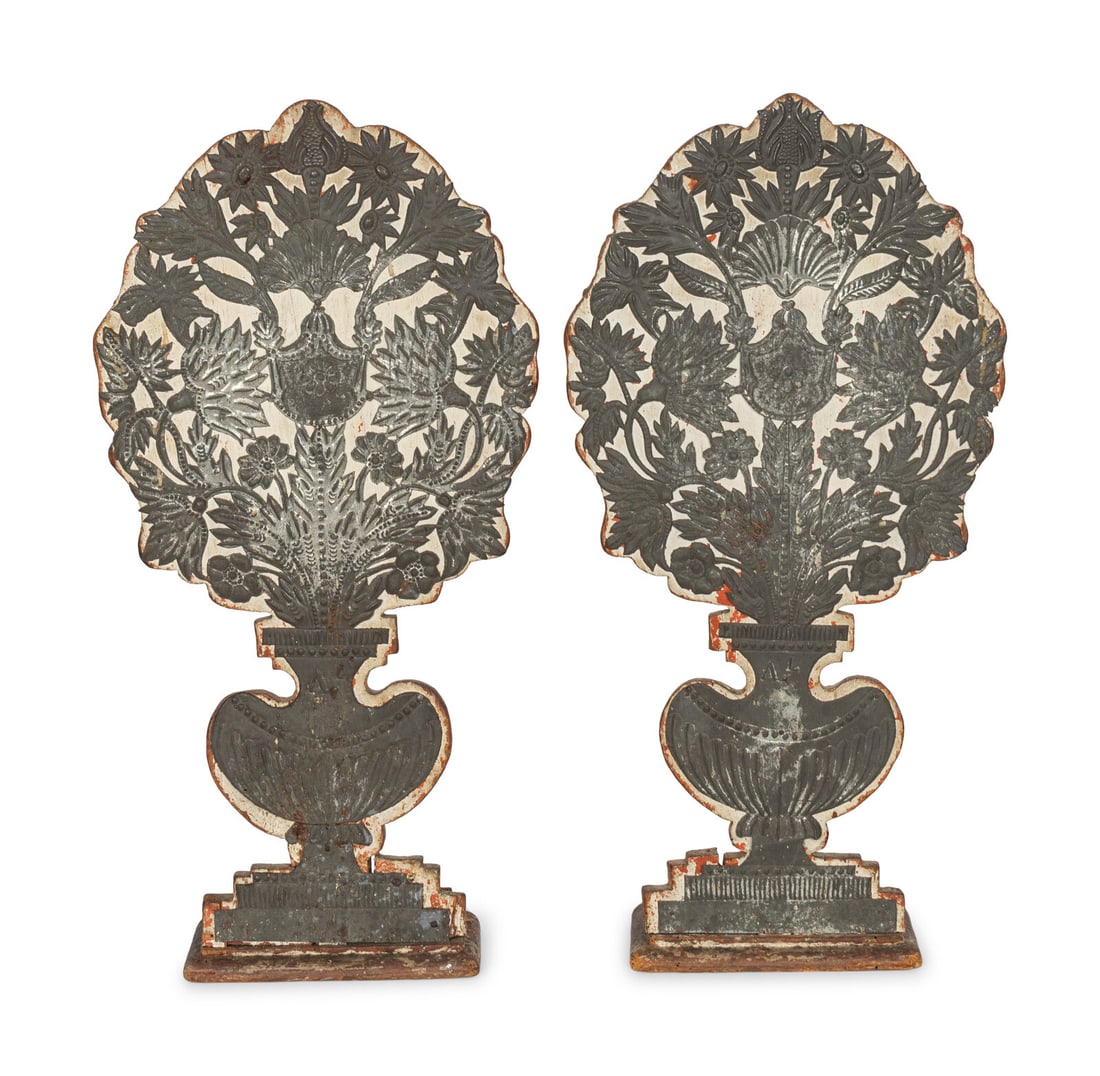 A Pair of Continental Pine and Pierced Metal Cache Pot-Form Chimney Boards (1 of 3)