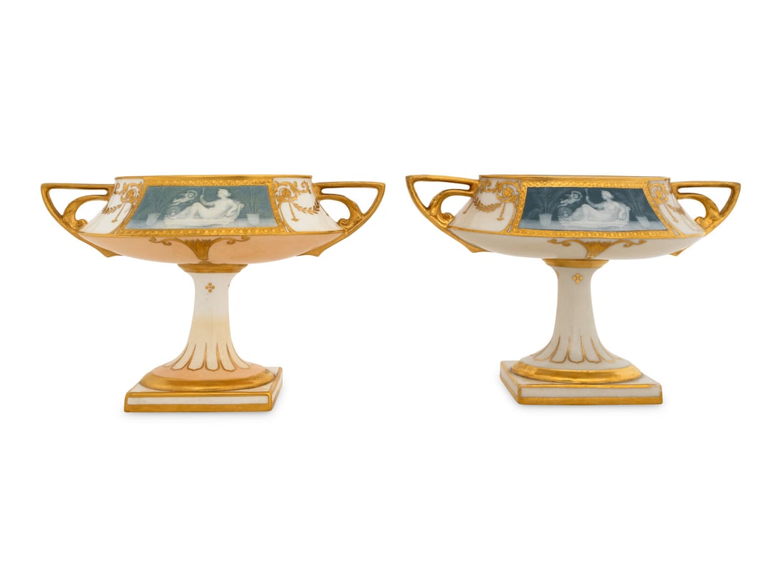 A Pair of Mintons Pâte-sur-Pâte Ivory and Slate Blue Oval Tazze (1 of 2)