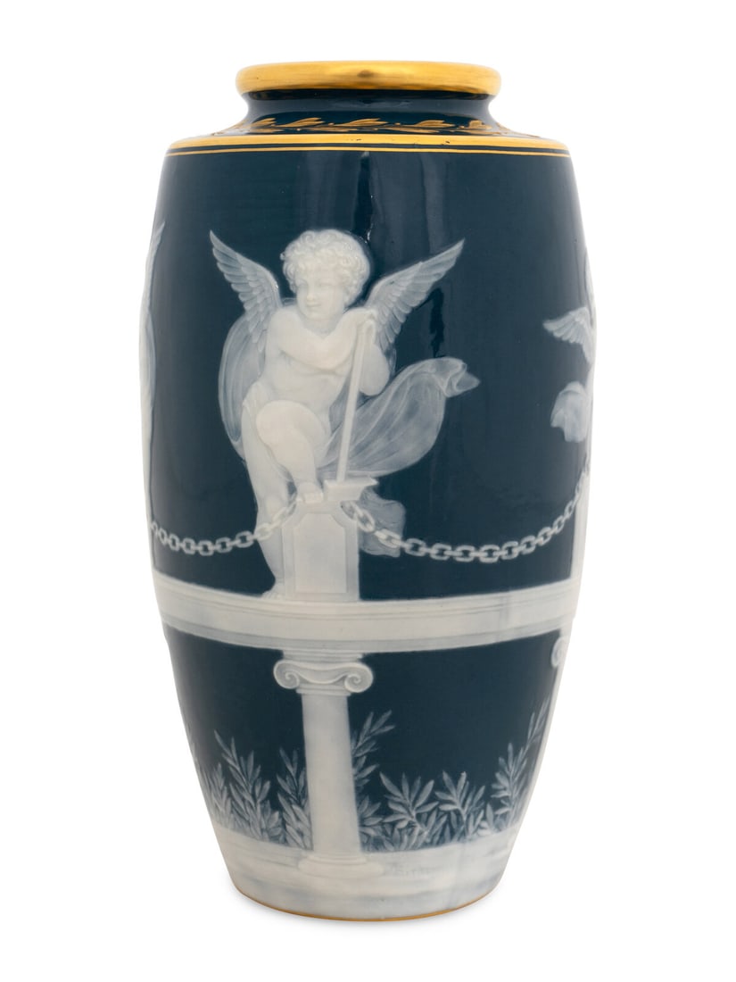 A Mintons Pâte-sur-Pâte Peacock Blue-Ground Vase (1 of 3)