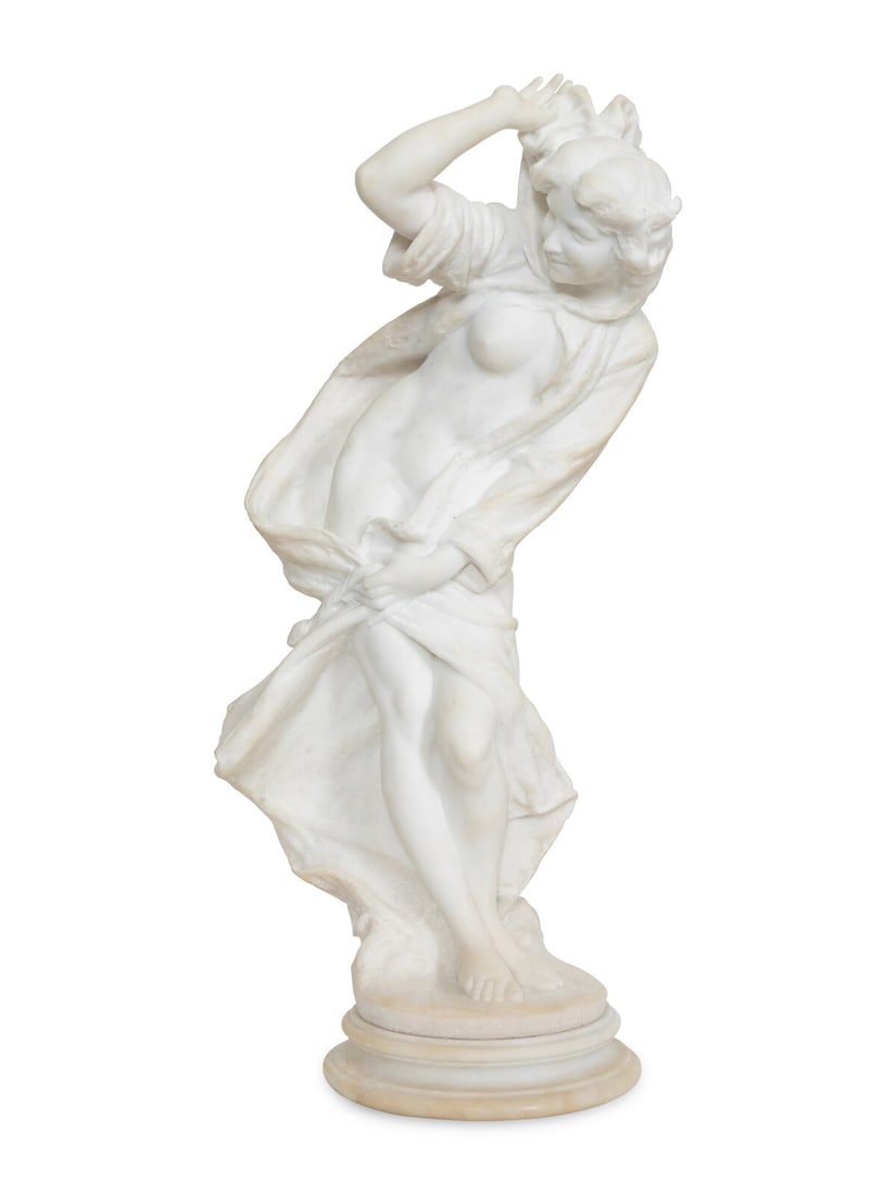 Vittorio Cavadossi (Italian,1861-1909) Figure of a Nude Maiden in a Windblown Cape: Vittorio Cavadossi (Italian,1861-1909) Figure of a Nude Maiden in a Windblown Cape marble Height 26 x width 13 inches. This lot is located in Palm Beach. Note: Vittorio Caradossi was born in Italy, in