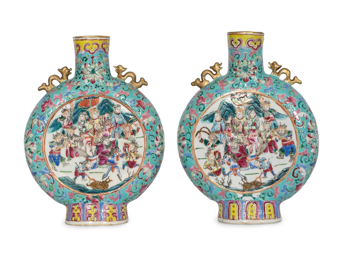 A Pair of Chinese Famille Rose Porcelain Moon Flasks: A Pair of Chinese Famille Rose Porcelain Moon Flasks Tongzhi Period (1861-1875) Height 9 x width 7 inches. This lot is located in Palm Beach. Property from the Buck Family Collection, Philadelphia