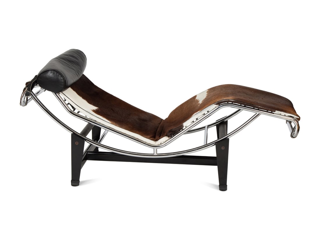 A Chromed Steel, Leather and Cowhide Chaise Longue: A Chromed Steel, Leather and Cowhide Chaise Longue After the Model by Le Corbusier, 20th Century Height 27 x width 64 x depth 21 inches. This lot is located in Palm Beach.