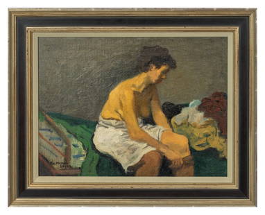 Raphael Soyer (American, 1899-1987) Woman Seated on a Bed: Raphael Soyer (American, 1899-1987) Woman Seated on a Bed oil on canvas signed RAPHAEL/ SOYER (lower left) 12 x 16 inches. This lot is located in Palm Beach.