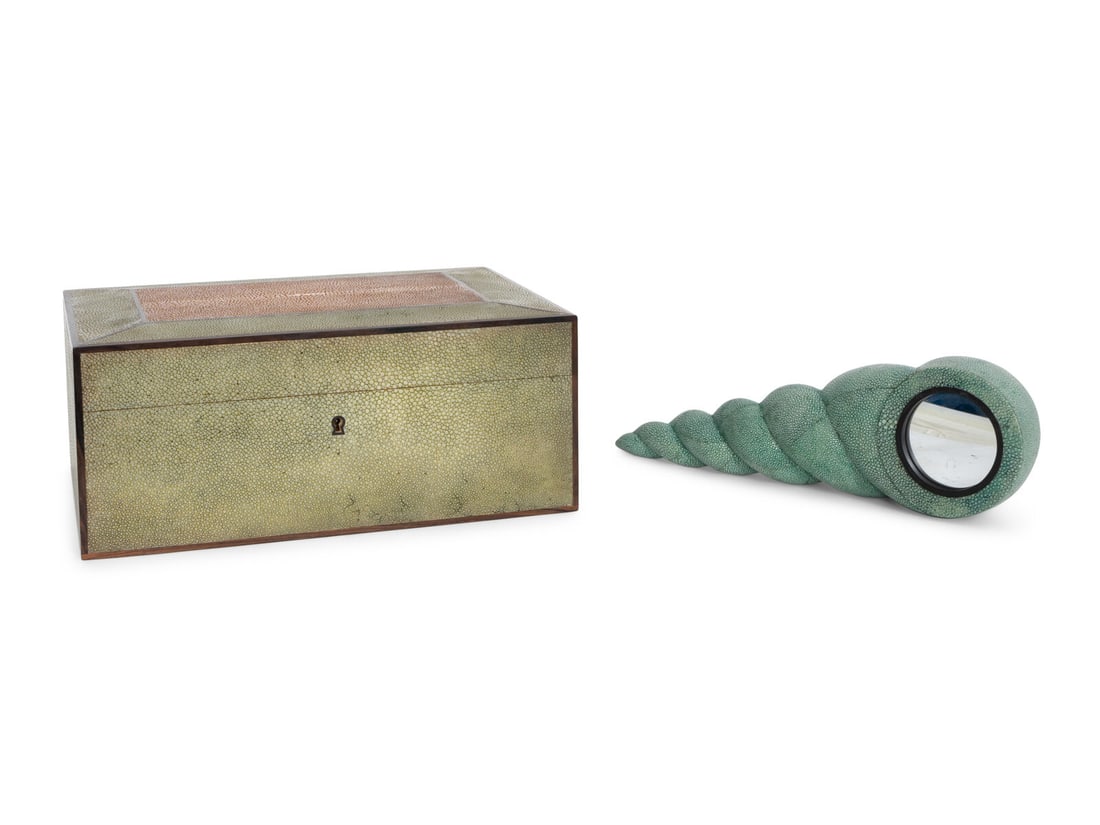 A French Shagreen and Rosewood Humidor and Shagreen Unicorn Horn: A French Shagreen and Rosewood Humidor and Shagreen Unicorn Horn 20th Century Humidor: height 5 1/4 x width 13 x depth 9 1/2 inches. Unicorn horn: length 13 1/2 inches. This lot is located in Palm Bea