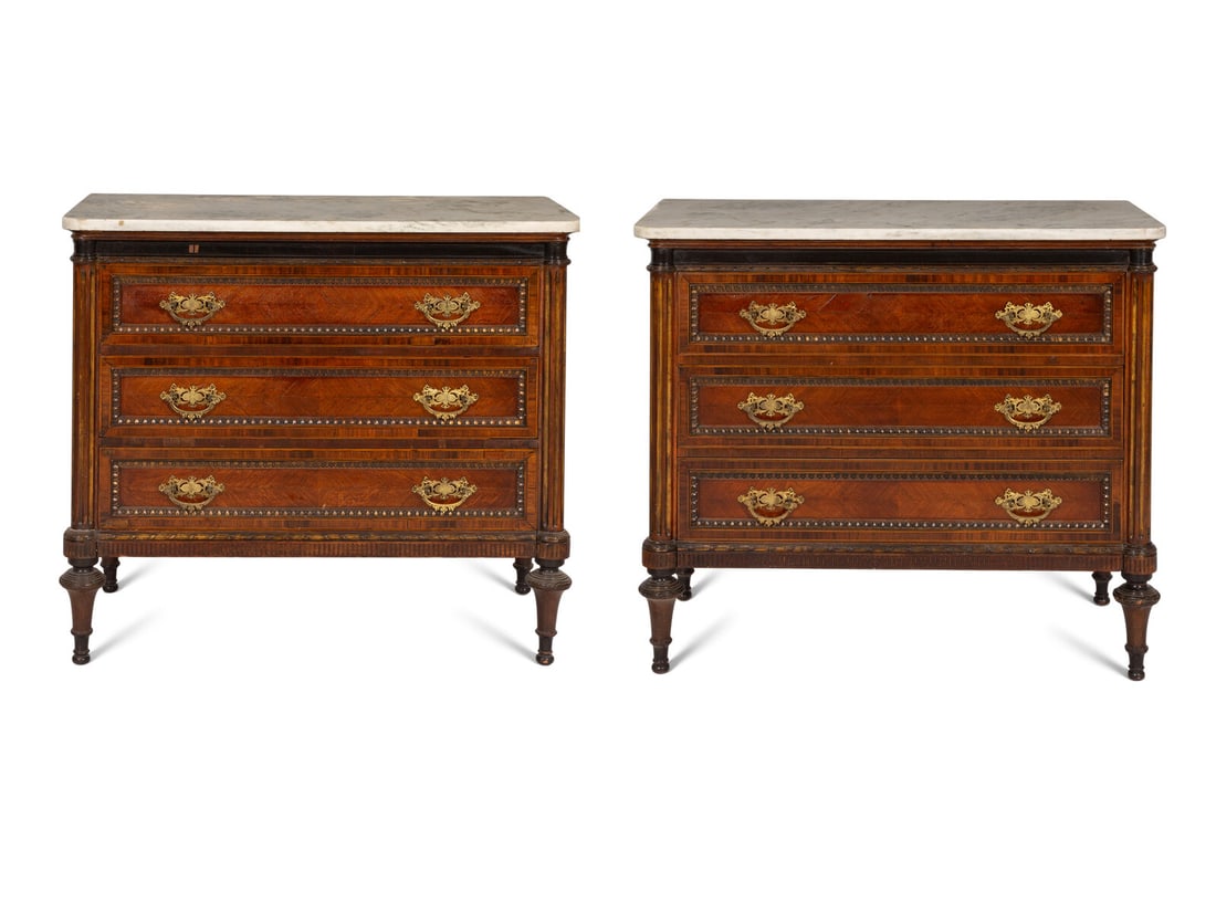 A Pair of Louis XVI Style Gilt Bronze Mounted Mahogany Marble-Top Chests of Drawers (1 of 5)