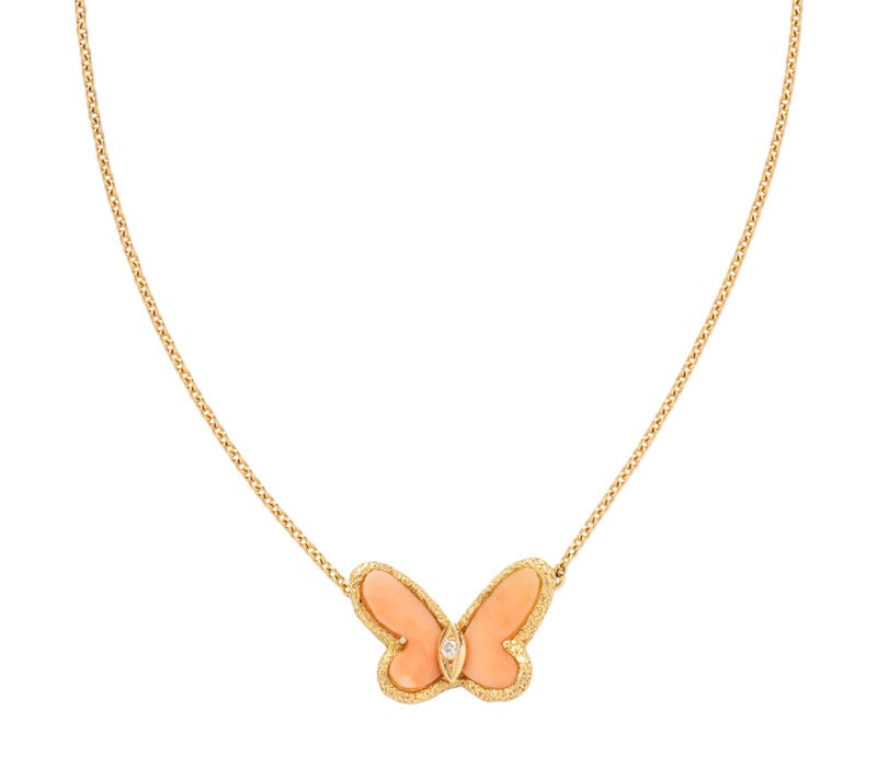 VAN CLEEF & ARPELS, CORAL AND DIAMOND BUTTERFLY NECKLACE (1 of 2)