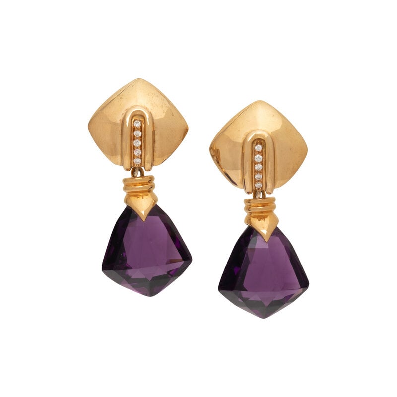 ANTONINI, YELLOW GOLD, AMETHYST, AND DIAMOND EARRINGS: ANTONINI, YELLOW GOLD, AMETHYST, AND DIAMOND EARRINGS Round brilliant cut diamonds, removable faceted amethyst drops, posts with clip backs. 18 karat yellow gold. 3/4 inch - 2 inches long. Stamp: ANTO