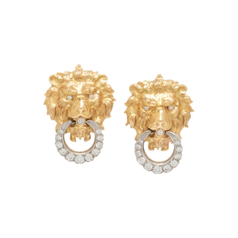 BICOLOR GOLD AND DIAMOND LION DOOR KNOCKER EARRINGS (1 of 2)