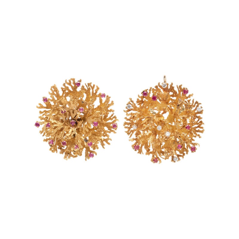 TIFFANY & CO., TWO YELLOW GOLD CORAL REEF BROOCHES (1 of 2)