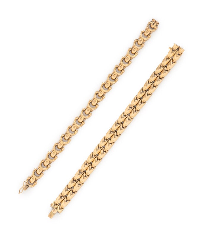 COLLECTION OF YELLOW GOLD FANCY LINK BRACELETS: COLLECTION OF YELLOW GOLD FANCY LINK BRACELETS 18 karat yellow gold. 7 1/8 inches and 7 inches long. Stamp: (Italian hallmark) 750. Stamp: (Italian hallmark) 750 MOD.DEP. Gross weight: 20.50 dwt.
