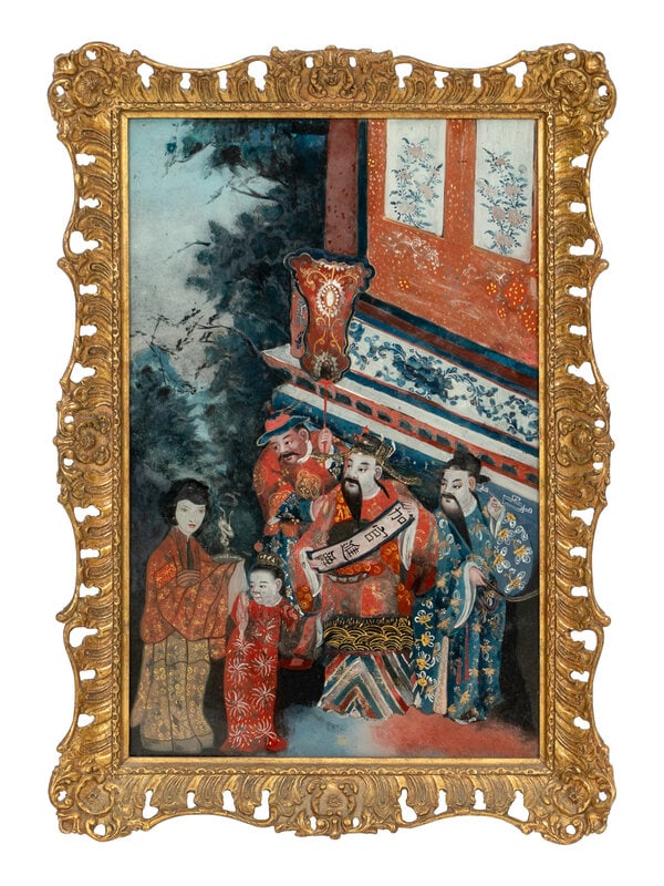 A Chinese Reverse Glass Painting of Fu Lu Shou Immortals: A Chinese Reverse Glass Painting of Fu Lu Shou Immortals 19th Century in a pierce carved giltwood frame. Overall height 22 x 15 1/2 inches. This lot is located in Palm Beach. </