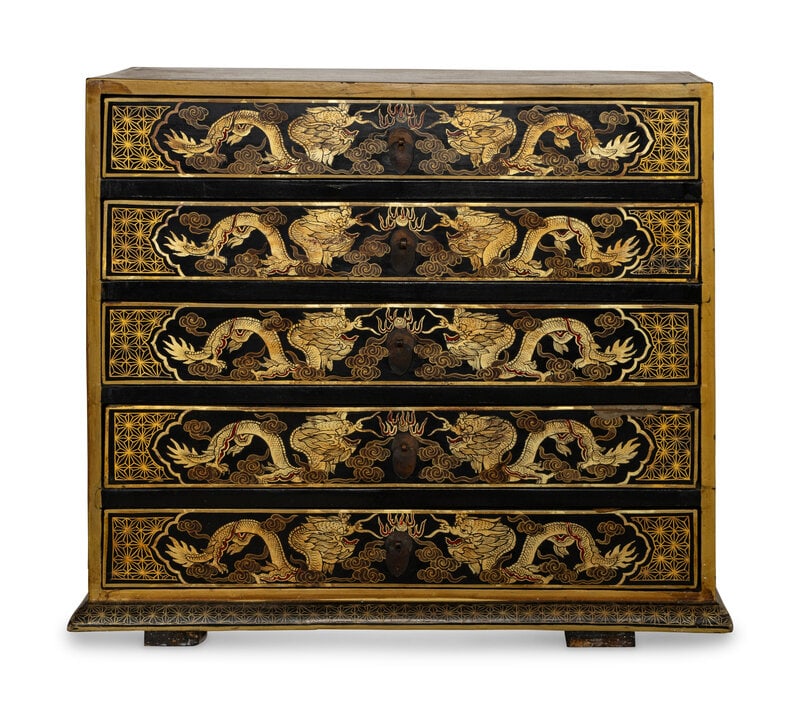 A Korean Parcel Gilt and Paint Decorated Diminutive Chest of Drawers : A Korean Parcel Gilt and Paint Decorated Diminutive Chest of Drawers Height 21 1/2 x width 25 x depth 13 inches. This lot is located in Palm Beach. Condition